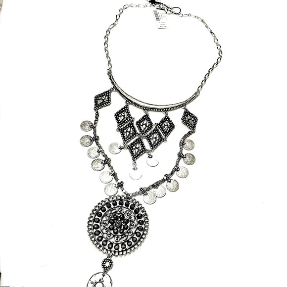 WHBM Silver Statement Bib Necklace With Coin Detail | NWT - Picture 3 of 6